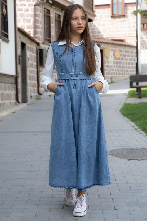 Lacivert Önü Fermuarlı Klasik Gömlekli Kız Çocuk Kuşaklı Jean Elbise 22738