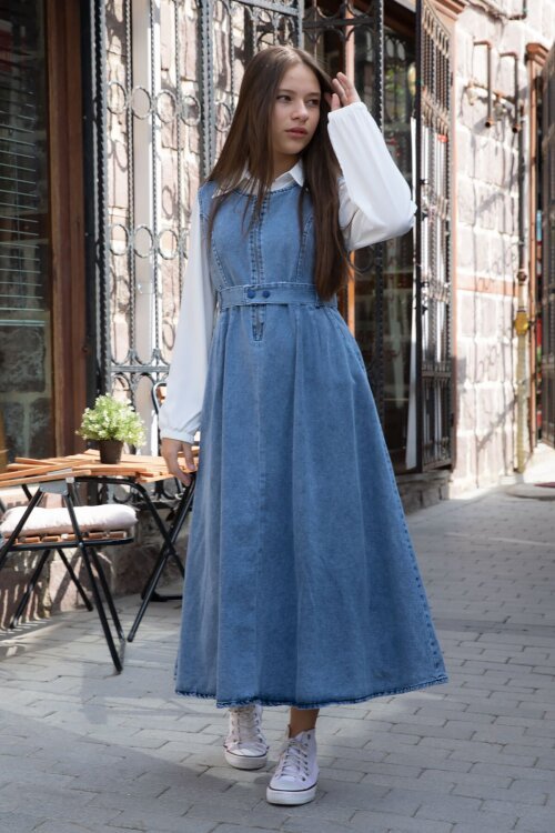 Lacivert Önü Fermuarlı Klasik Gömlekli Kız Çocuk Kuşaklı Jean Elbise 22738