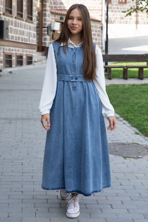 Lacivert Önü Fermuarlı Klasik Gömlekli Kız Çocuk Kuşaklı Jean Elbise 22738