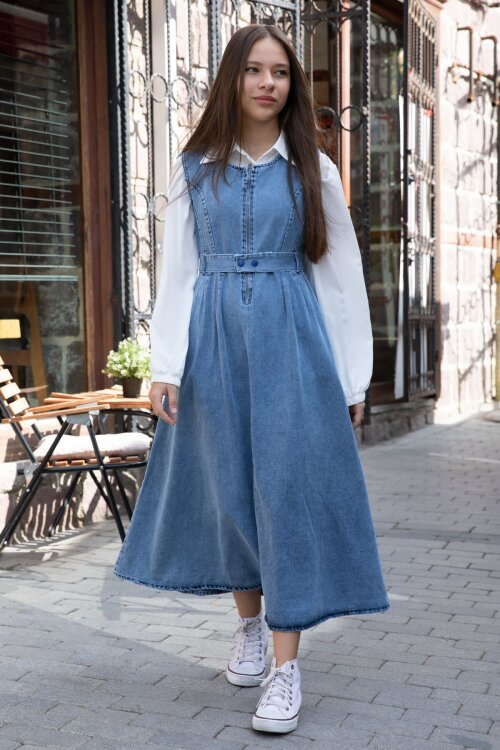 Lacivert Önü Fermuarlı Klasik Gömlekli Kız Çocuk Kuşaklı Jean Elbise 22738