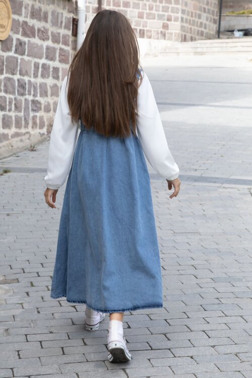 Lacivert Önü Fermuarlı Klasik Gömlekli Kız Çocuk Kuşaklı Jean Elbise 22738