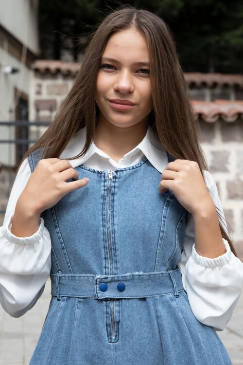 Lacivert Önü Fermuarlı Klasik Gömlekli Kız Çocuk Kuşaklı Jean Elbise 22738