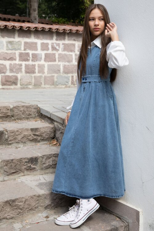 Lacivert Önü Fermuarlı Klasik Gömlekli Kız Çocuk Kuşaklı Jean Elbise 22738