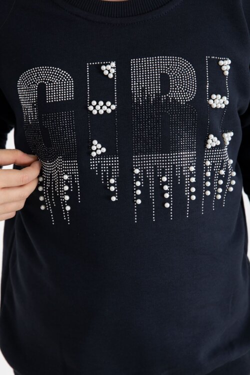 Lacivert Payetli Girl Yazılı Kız Çocuk Geniş Paça Eşofman Takımı 22729