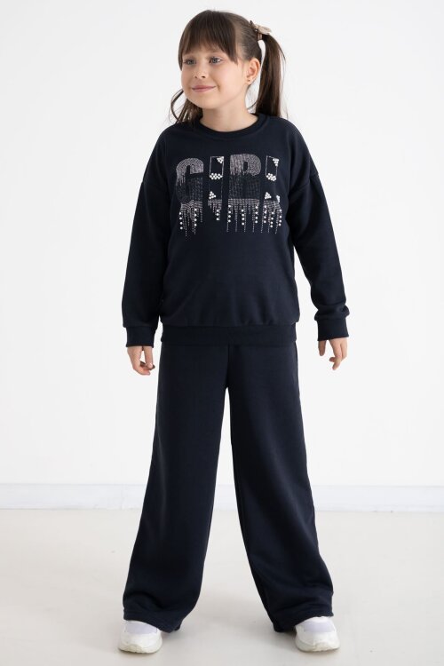 Lacivert Payetli Girl Yazılı Kız Çocuk Geniş Paça Eşofman Takımı 22729