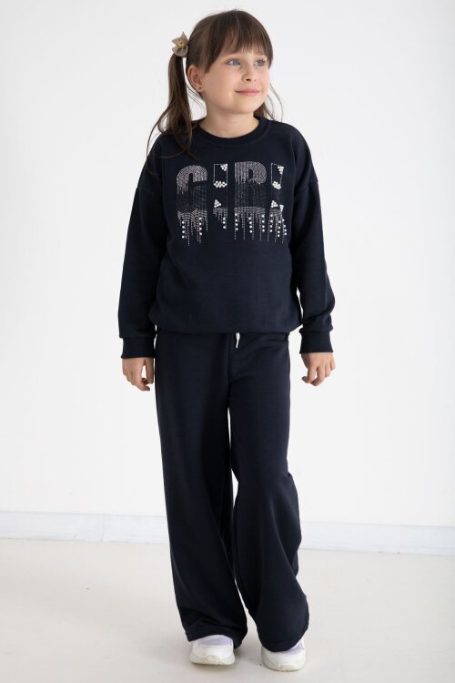 Lacivert Payetli Girl Yazılı Kız Çocuk Geniş Paça Eşofman Takımı 22729