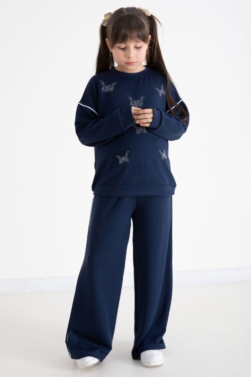 Lacivert Payetli Kelebek İşlemeli Geniş Paça Kız Çocuk Eşofman Takımı 22735
