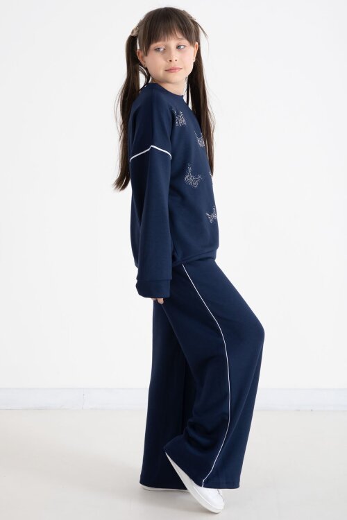 Lacivert Payetli Kelebek İşlemeli Geniş Paça Kız Çocuk Eşofman Takımı 22735