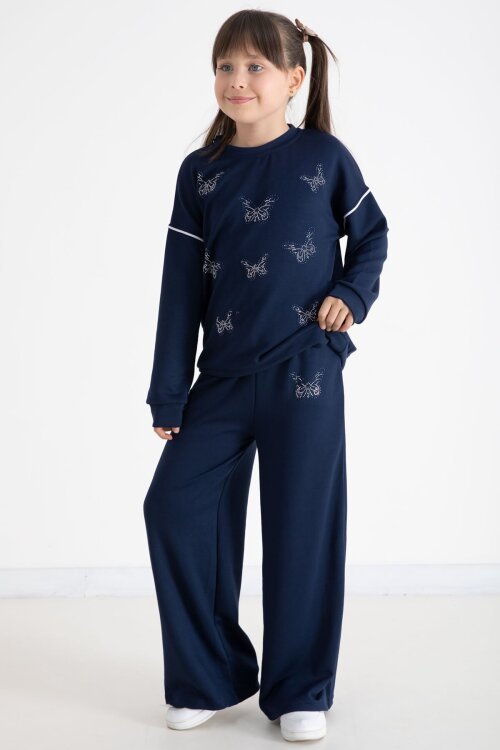 Lacivert Payetli Kelebek İşlemeli Geniş Paça Kız Çocuk Eşofman Takımı 22735