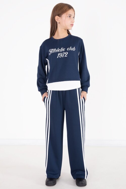 Lacivert Şerit Detaylı Yazılı Geniş Paça Kız Çocuk Takım 22774