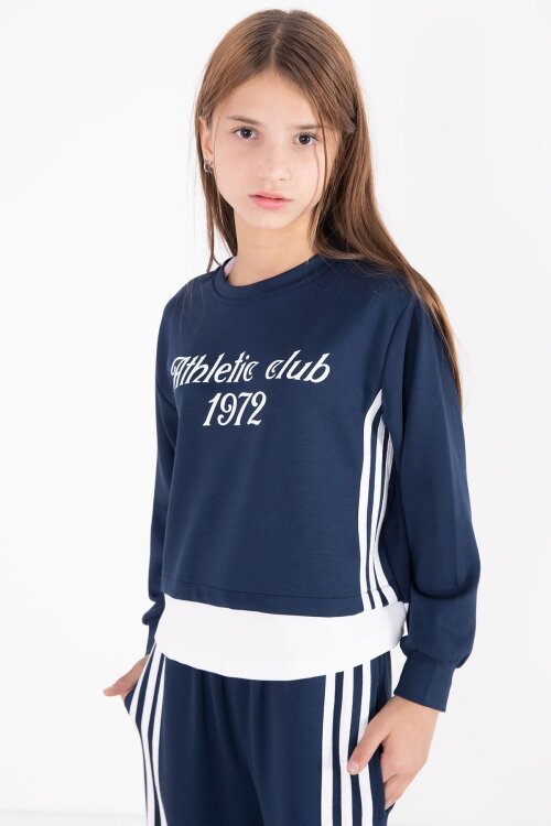 Lacivert Şerit Detaylı Yazılı Geniş Paça Kız Çocuk Takım 22774