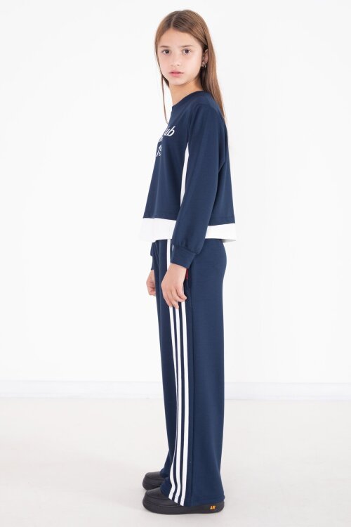 Lacivert Şerit Detaylı Yazılı Geniş Paça Kız Çocuk Takım 22774