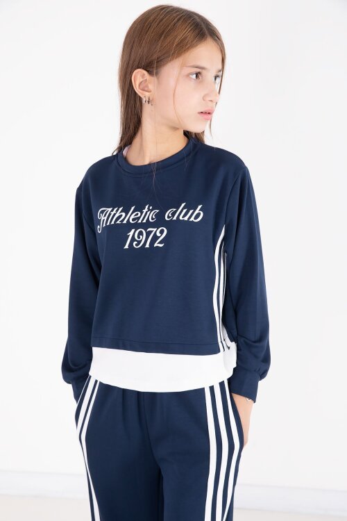 Lacivert Şerit Detaylı Yazılı Geniş Paça Kız Çocuk Takım 22774