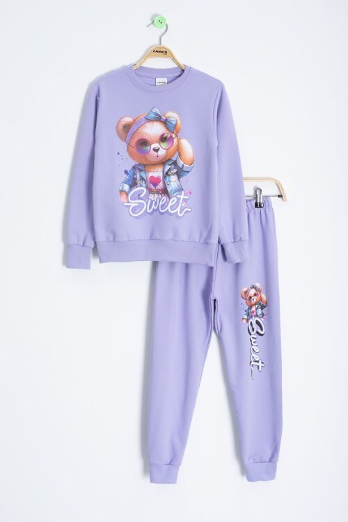 Lila Ayıcık Baskılı Beli Lastikli Kız Çocuk Eşofman Takımı  22754