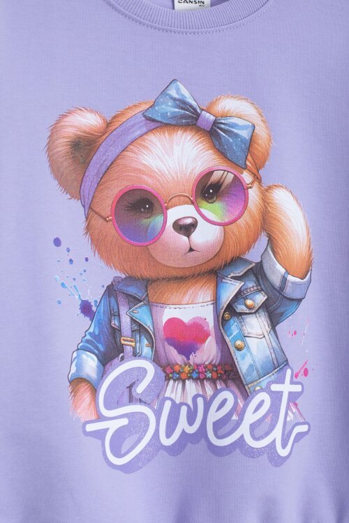 Lila Ayıcık Baskılı Beli Lastikli Kız Çocuk Eşofman Takımı  22754