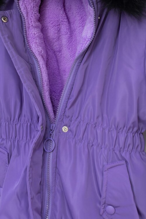 Lila Çıtçıtlı Cepli Esnek Bel İçi Kürklü Kız Çocuk Kapüşonlu Mont 21310