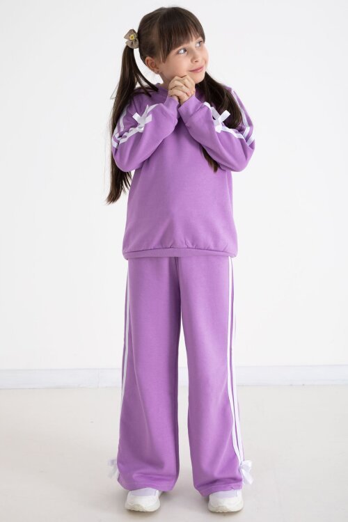 Lila Fiyonk Detaylı Şeritli Kız Çocuk Bisiklet Yaka Eşofman Takımı 22733