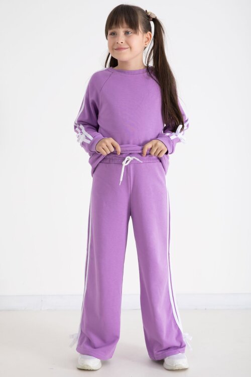 Lila Fiyonk Detaylı Şeritli Kız Çocuk Bisiklet Yaka Eşofman Takımı 22733