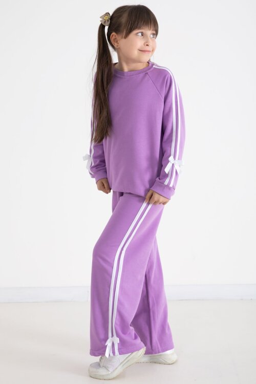 Lila Fiyonk Detaylı Şeritli Kız Çocuk Bisiklet Yaka Eşofman Takımı 22733