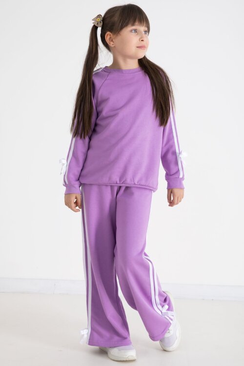 Lila Fiyonk Detaylı Şeritli Kız Çocuk Bisiklet Yaka Eşofman Takımı 22733