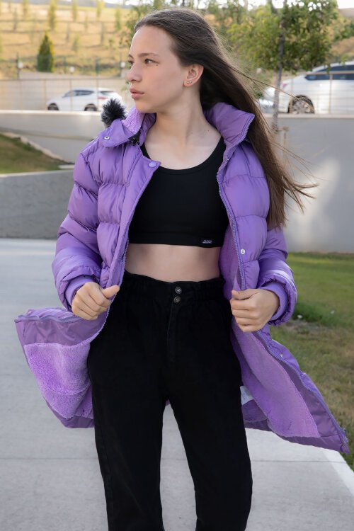 Lila İçi Kürklü Çıtçıtlı Kapüşonlu Kız Çocuk Şişme Mont 21322