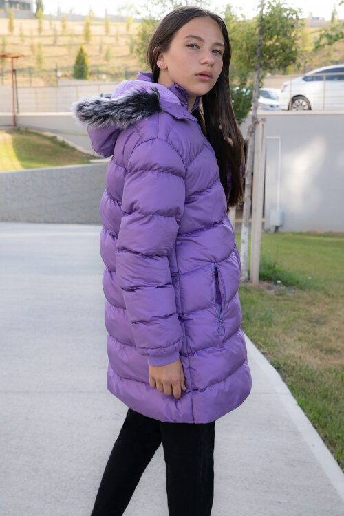 Lila İçi Kürklü Çıtçıtlı Kapüşonlu Kız Çocuk Şişme Mont 21322