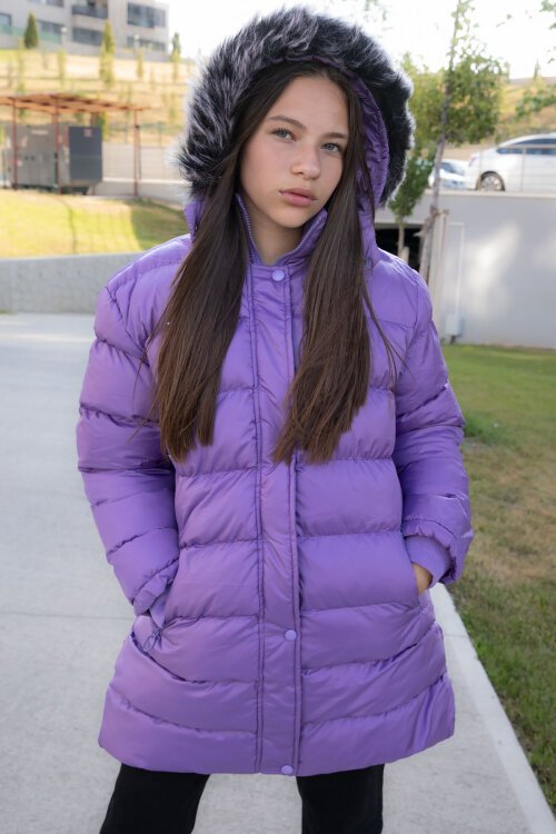 Lila İçi Kürklü Çıtçıtlı Kapüşonlu Kız Çocuk Şişme Mont 21322