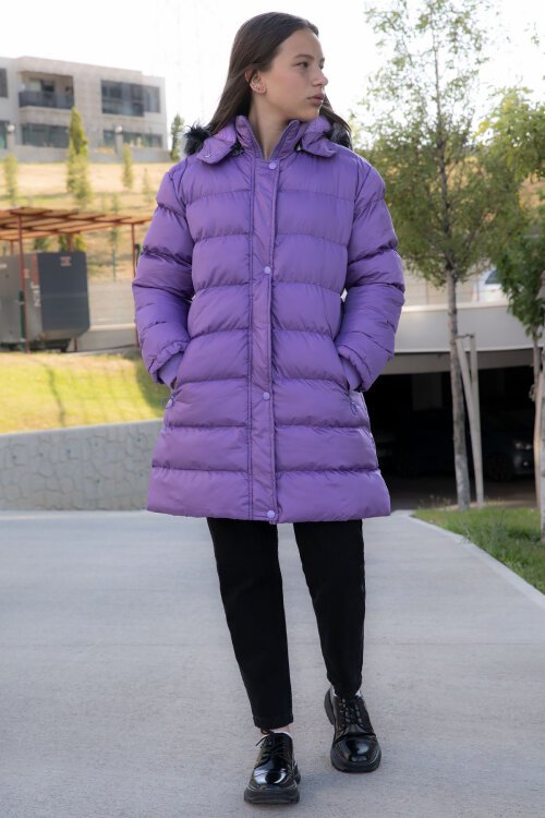 Lila İçi Kürklü Çıtçıtlı Kapüşonlu Kız Çocuk Şişme Mont 21322