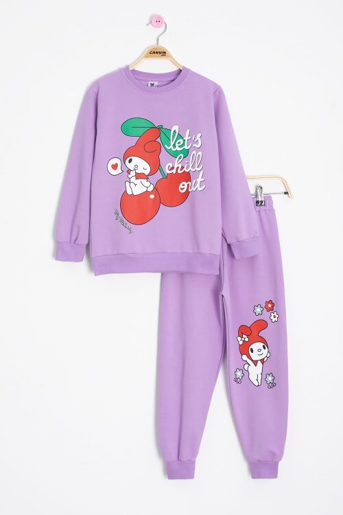 Lila Kız Çocuk Kiraz Karakter Baskılı Bisiklet Yaka Eşofman Takımı 23271