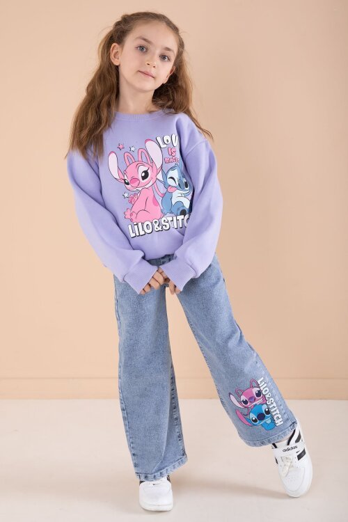 Lila Love Karakter Baskılı Şardonlu Badili Kız Çocuk Pantolonlu 2li Takım 22746