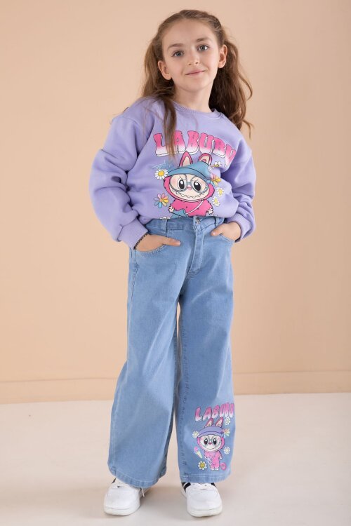 Lila Sevimli Karakter Baskılı Jean Pantolonlu Kız Çocuk 2li Takım  22750