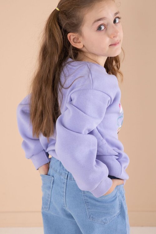 Lila Sevimli Karakter Baskılı Jean Pantolonlu Kız Çocuk 2li Takım  22750