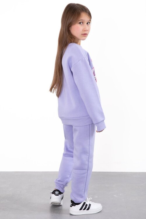 Lila Sevimli Simli Karakter Baskı Şardonlu Kız Çocuk Eşofman Takım 23295