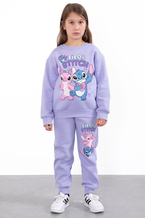 Lila Sevimli Simli Karakter Baskı Şardonlu Kız Çocuk Eşofman Takım 23295