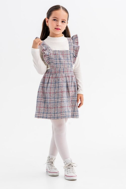 Mavi Kız Çocuk Ekose Desenli Salopet Takım 22681