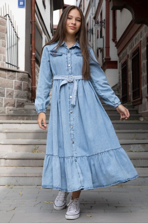 Mavi Kız Çocuk Kuşaklı Düğme Kapmalı Jean Elbise 20495