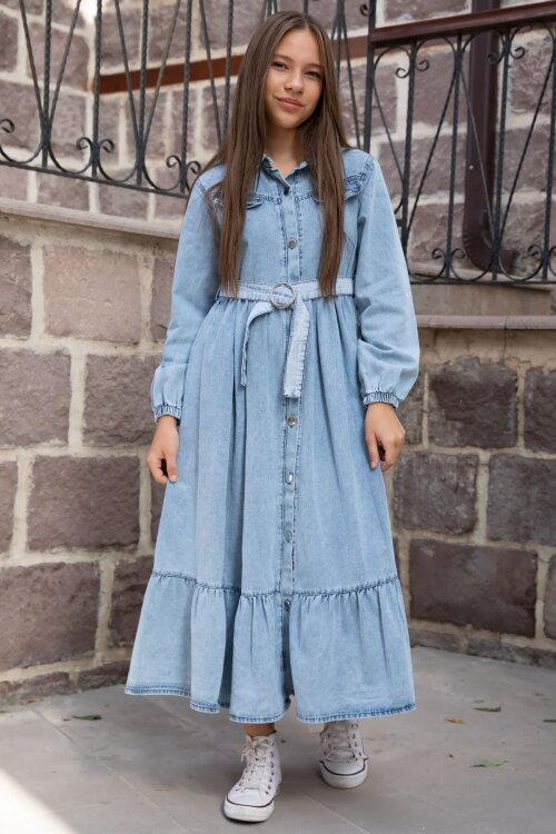 Mavi Kız Çocuk Kuşaklı Düğme Kapmalı Jean Elbise 20495