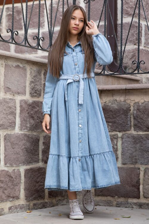 Mavi Kız Çocuk Kuşaklı Düğme Kapmalı Jean Elbise 20495