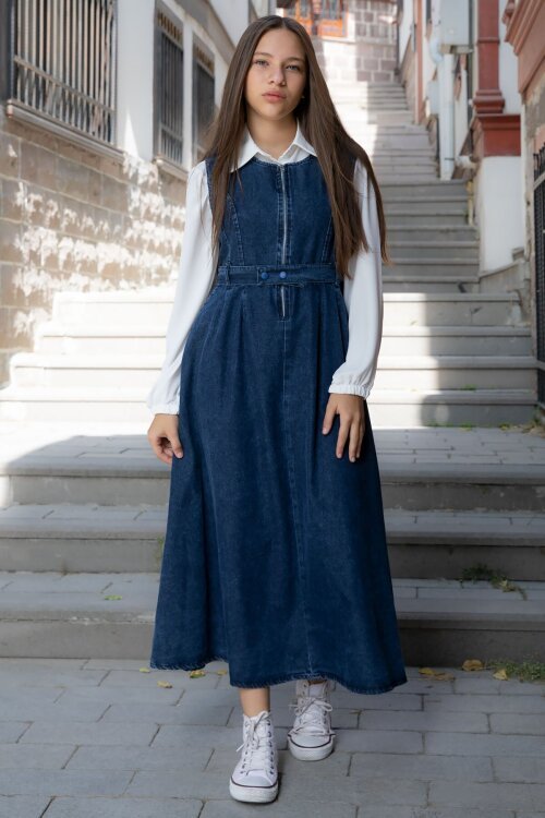 Mavi Önü Fermuarlı Klasik Gömlekli Kız Çocuk Kuşaklı Jean Elbise 22737