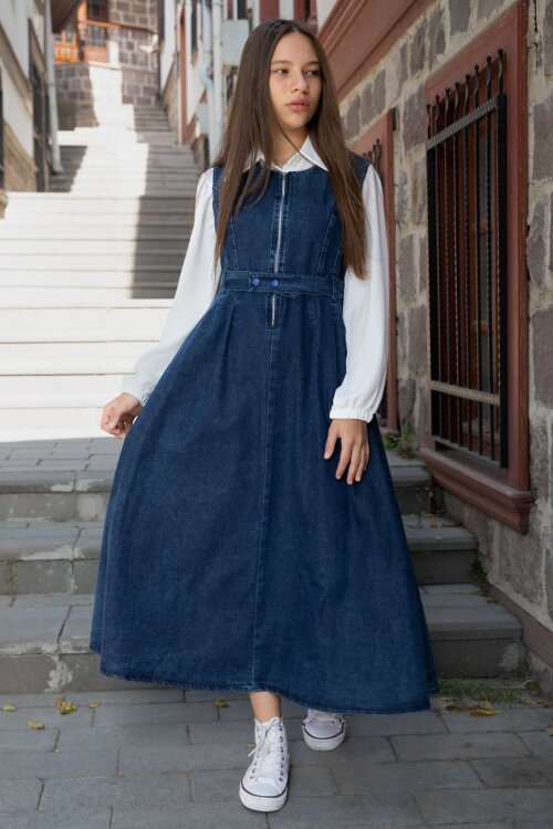 Mavi Önü Fermuarlı Klasik Gömlekli Kız Çocuk Kuşaklı Jean Elbise 22737