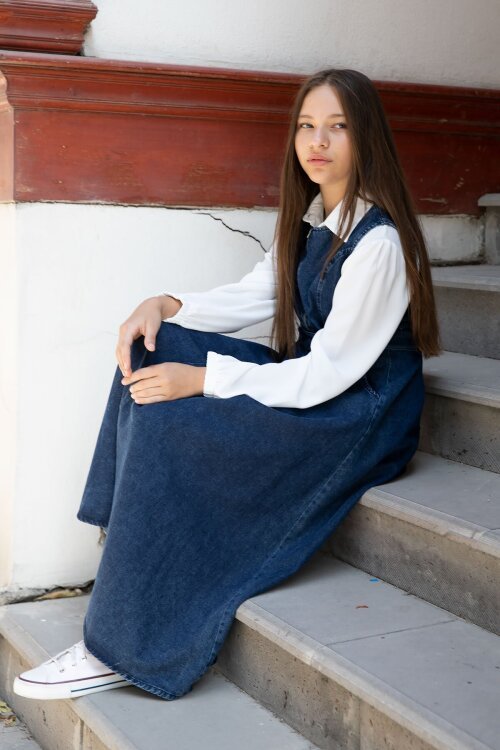 Mavi Önü Fermuarlı Klasik Gömlekli Kız Çocuk Kuşaklı Jean Elbise 22737