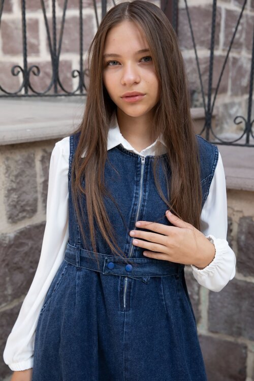 Mavi Önü Fermuarlı Klasik Gömlekli Kız Çocuk Kuşaklı Jean Elbise 22737