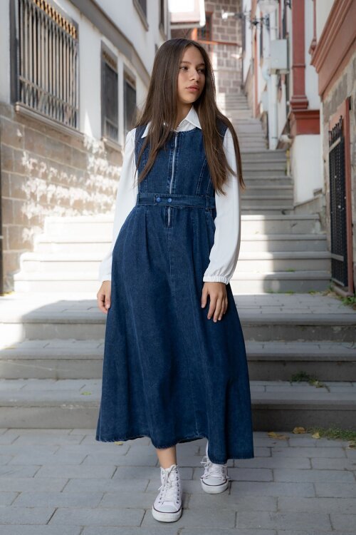 Mavi Önü Fermuarlı Klasik Gömlekli Kız Çocuk Kuşaklı Jean Elbise 22737