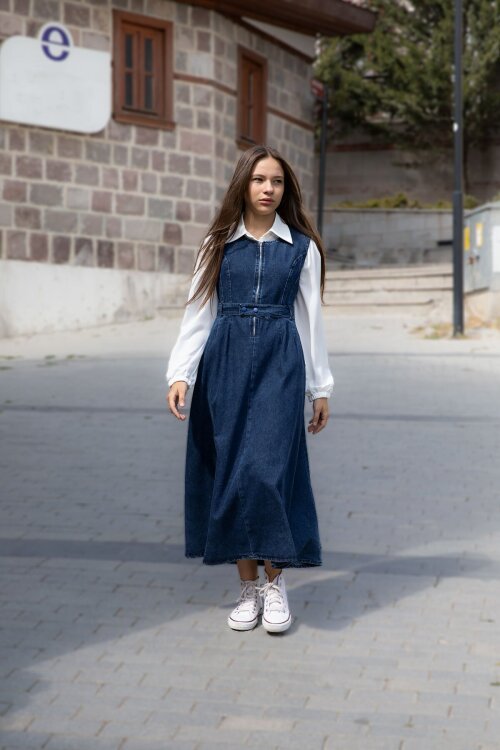 Mavi Önü Fermuarlı Klasik Gömlekli Kız Çocuk Kuşaklı Jean Elbise 22737