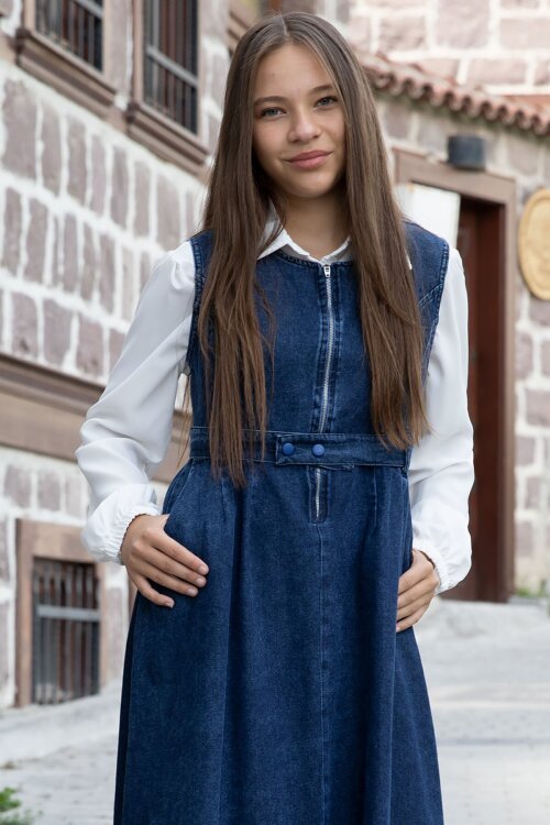 Mavi Önü Fermuarlı Klasik Gömlekli Kız Çocuk Kuşaklı Jean Elbise 22737