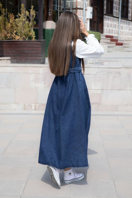 Mavi Önü Fermuarlı Klasik Gömlekli Kız Çocuk Kuşaklı Jean Elbise 22737