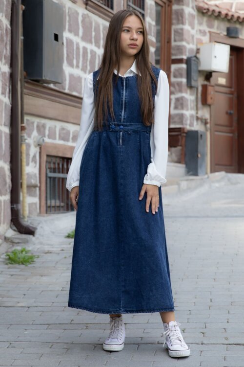 Mavi Önü Fermuarlı Klasik Gömlekli Kız Çocuk Kuşaklı Jean Elbise 22737