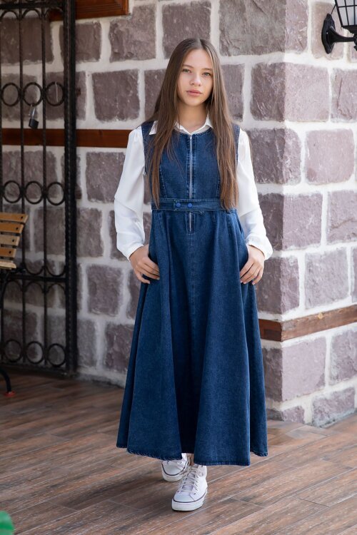 Mavi Önü Fermuarlı Klasik Gömlekli Kız Çocuk Kuşaklı Jean Elbise 22737