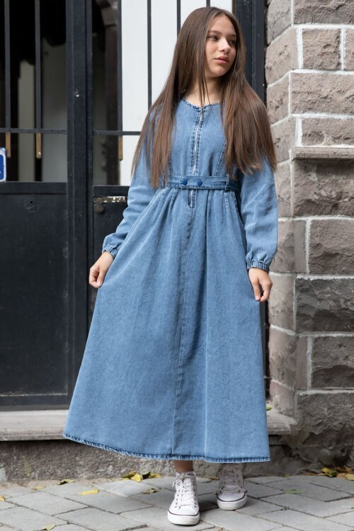 Mavi Uzun Kollu Önü Fermuarlı Kız Çocuk Kuşaklı Jean Elbise  22741