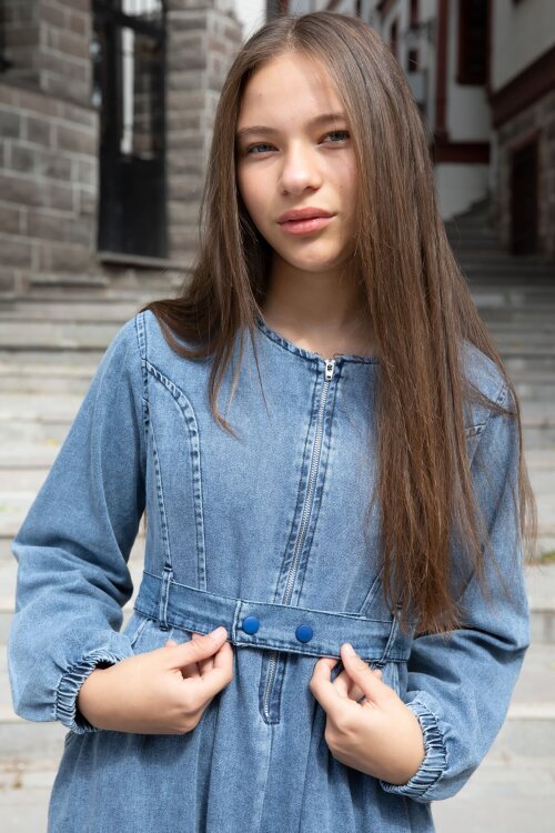 Mavi Uzun Kollu Önü Fermuarlı Kız Çocuk Kuşaklı Jean Elbise  22741